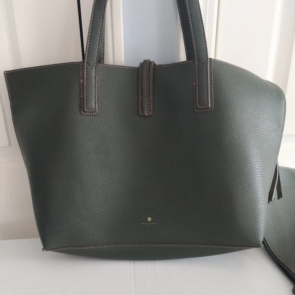 Travanti Pebble Faux Leather Olive Green Tote large with Pouch - Picture 4 of 10
